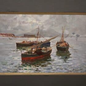 Italian Oil Painting, Gulf of Naples with Fishermen, Signed R. Leone