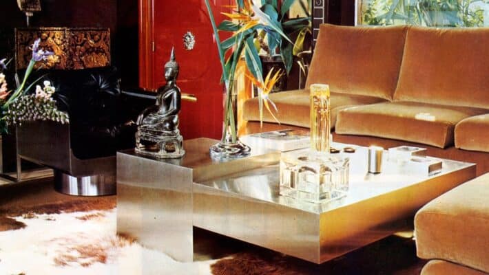 Elegant metallic coffee table from the 1960s-80s design era.