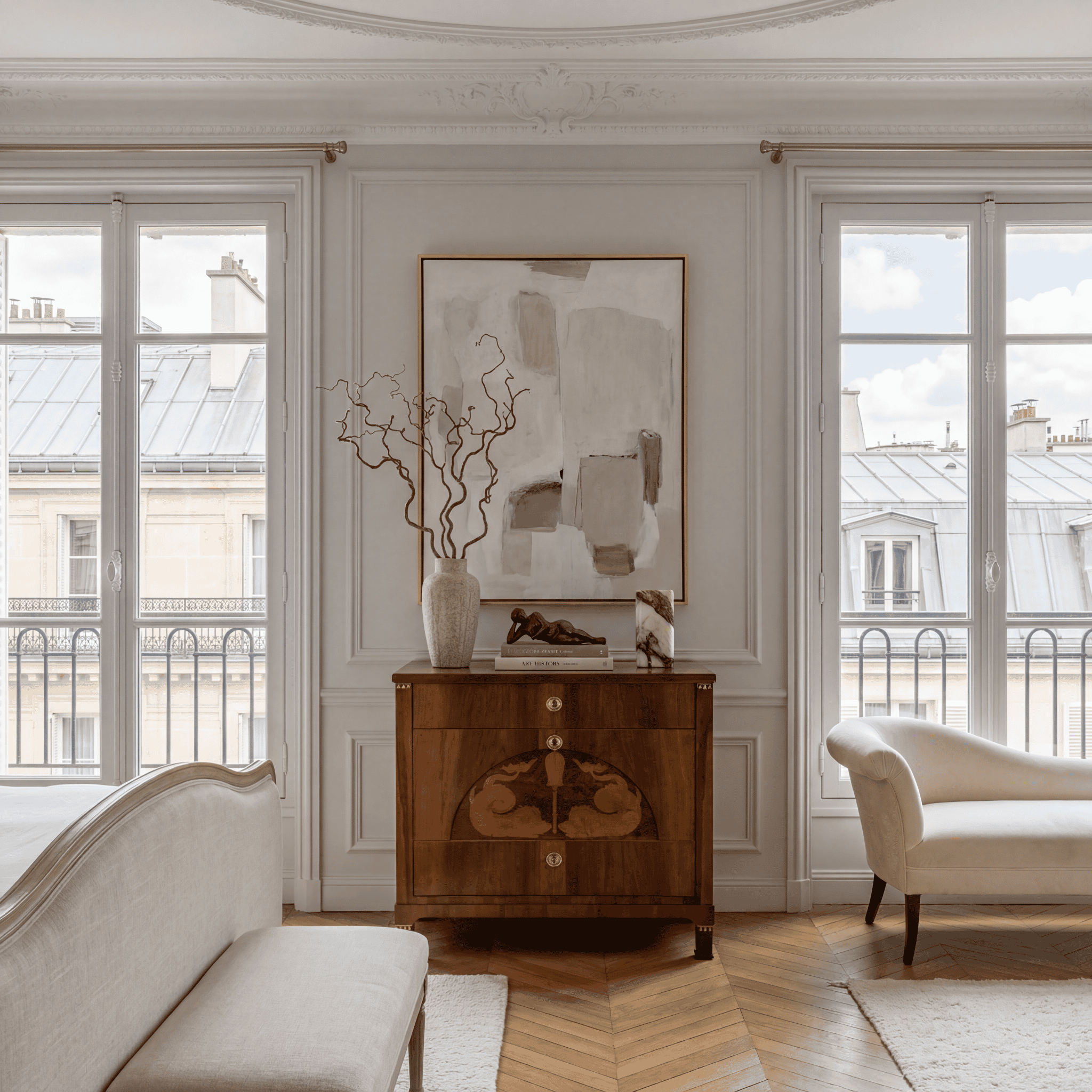 Biedermeier Chest of Drawers with Dolphin decor in a bedroom setting in Paris- Styylish