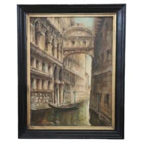 Italian Oil Painting on Canvas, Venice the Bridge of Sighs, Signed