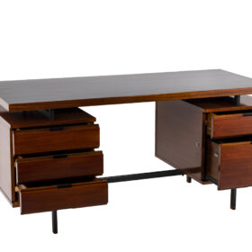 Pierre Guariche Mahogany Desk, Lacquered Metal, 1960s