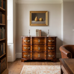 German Baroque Chest of Drawers- three drawers with walnut veneer- in a library setting- Styylish