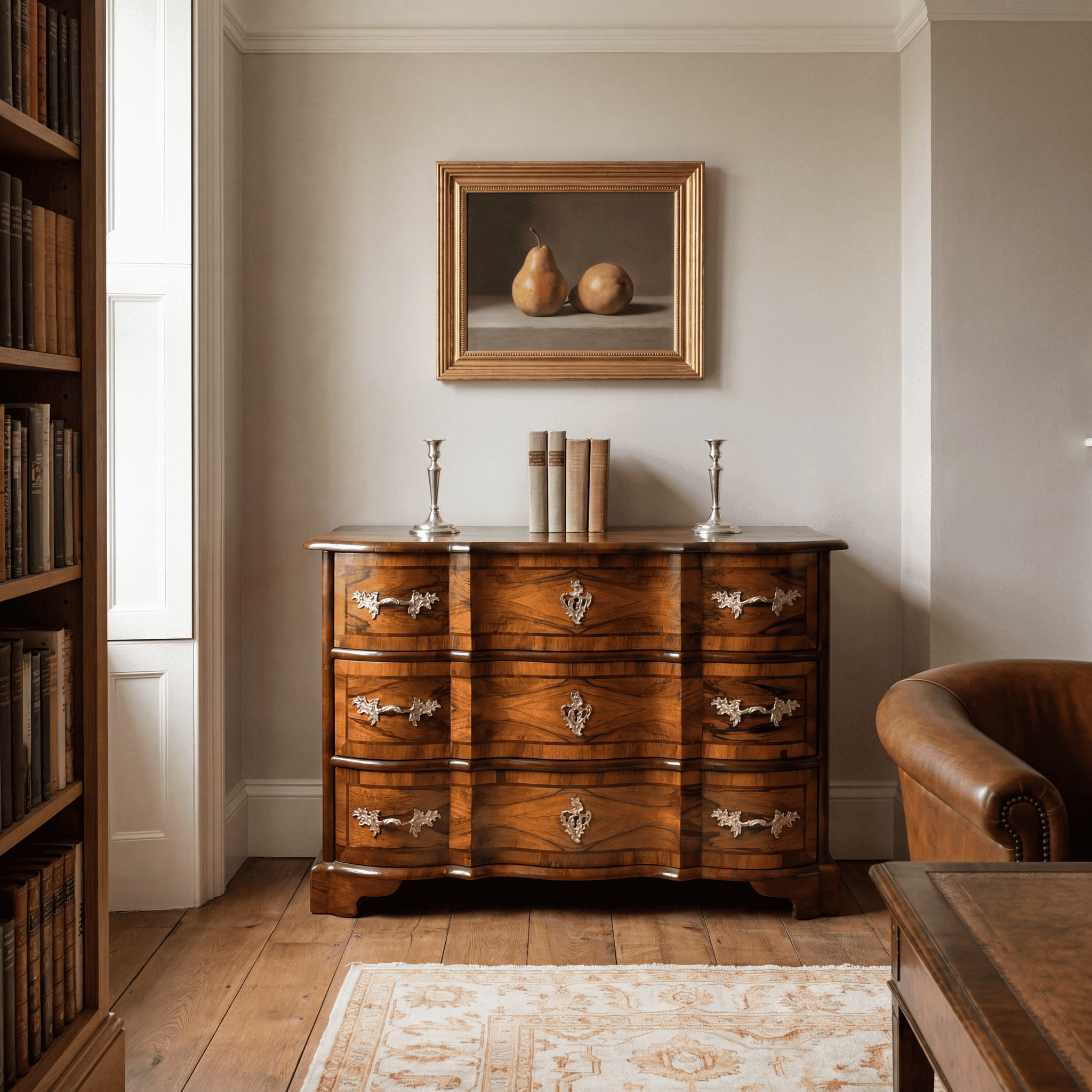 German Baroque Chest of Drawers- three drawers with walnut veneer- in a library setting- Styylish
