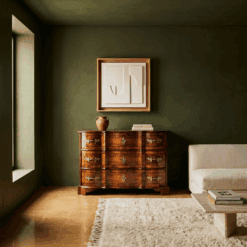 German Baroque Chest of Drawers- three drawers with walnut veneer- in a contemporary living room setting- Styylish