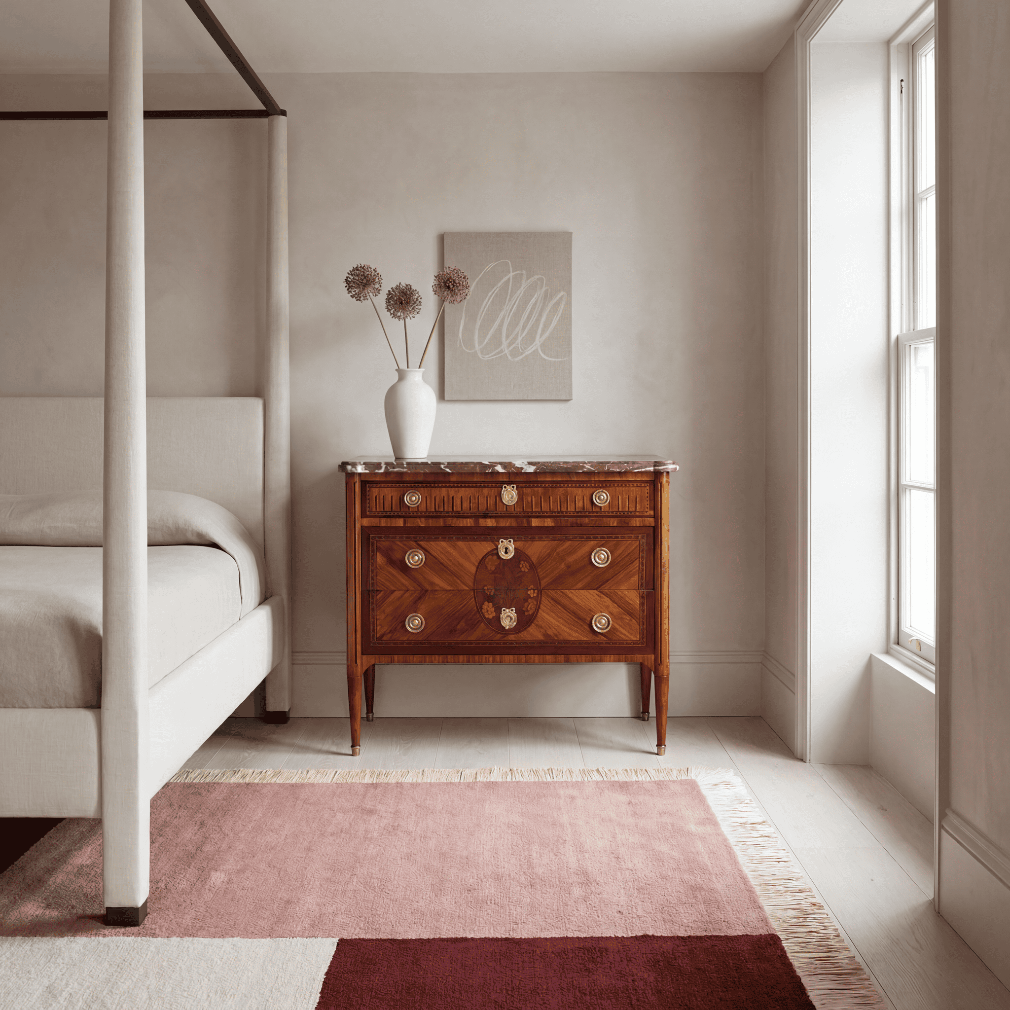Marquetry Louis XVI Chest of Drawers- in a contemporary bedroom setting- Styylish