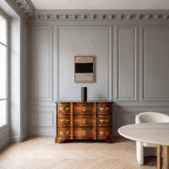 German Baroque Chest of Drawers- three drawers with walnut veneer- in contemporary setting- Styylish