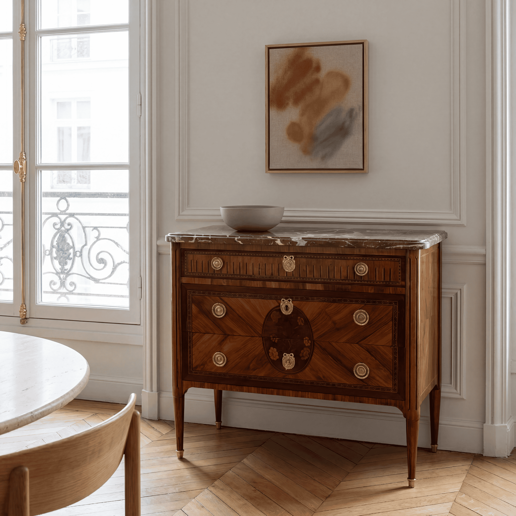 Marquetry Louis XVI Chest of Drawers- in a contemporary setting- Styylish