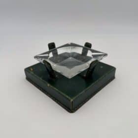 Green Leather and Crystal Ashtray, Jacques Adnet Style, 1950s.