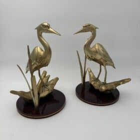 Sculptures Depicting Stylized Birds, Pair, Brass on Wooden Bases