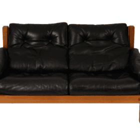Pierre Chapo Sofa, S22 two-seater, Elm and Black Leather, 1970