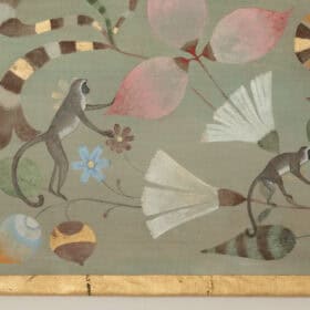 Contemporary Painted Canvas, Lemurs, Birds, and Flowers