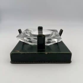 Green Leather and Crystal Ashtray, Jacques Adnet Style, 1950s.