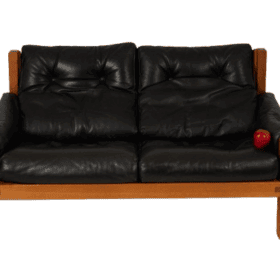 Pierre Chapo Sofa, S22 two-seater, Elm and Black Leather, 1970