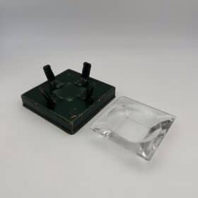 Green Leather and Crystal Ashtray, Jacques Adnet Style, 1950s.