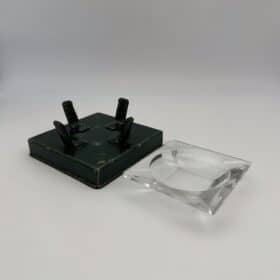 Green Leather and Crystal Ashtray, Jacques Adnet Style, 1950s.