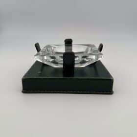 Green Leather and Crystal Ashtray, Jacques Adnet Style, 1950s.