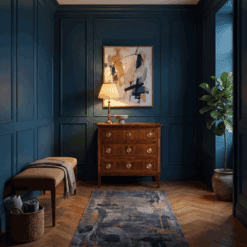 Small Louis XVI Chest of Drawers with cube marquetry in blue room- Styylish