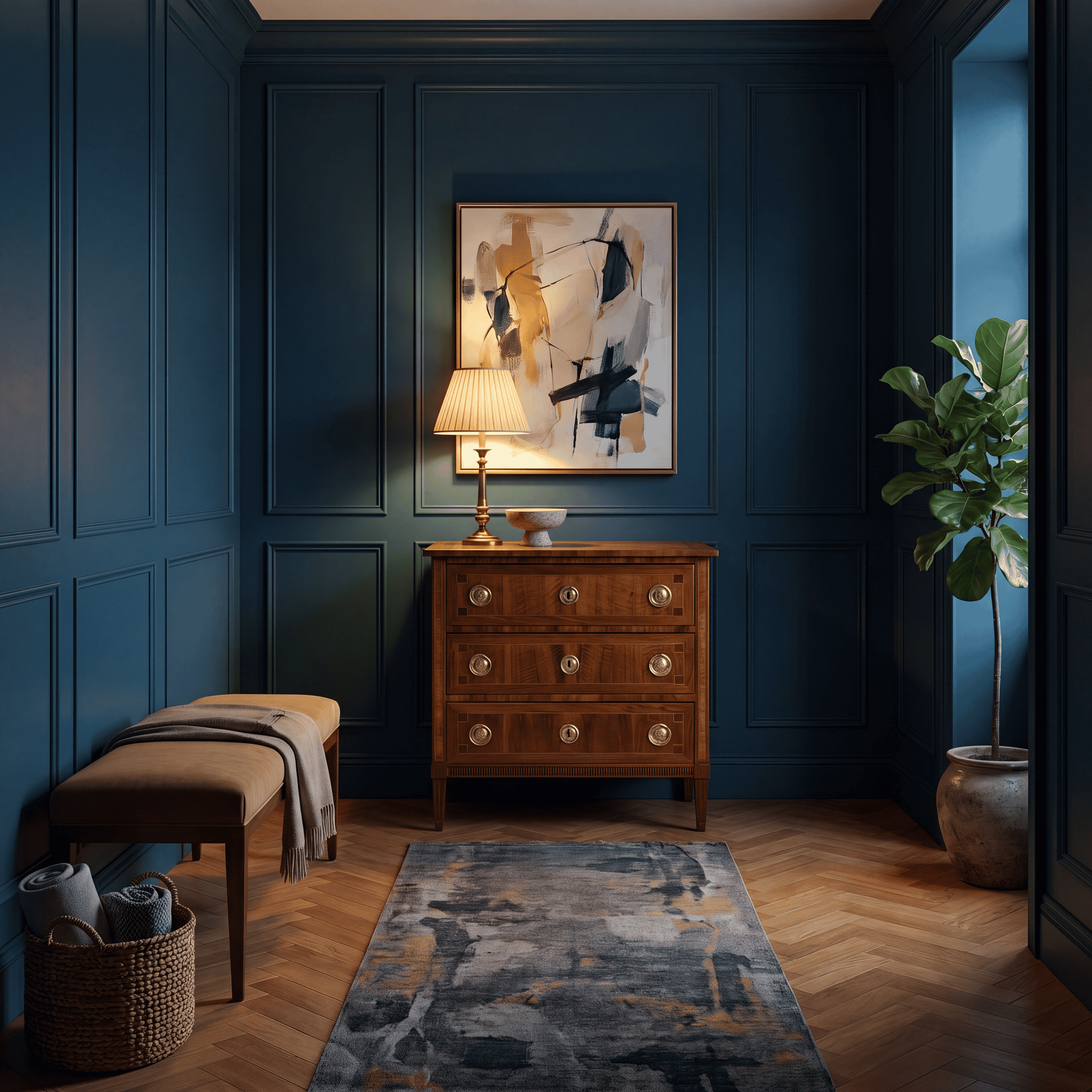 Small Louis XVI Chest of Drawers with cube marquetry in blue room- Styylish