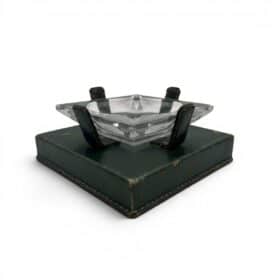 Green Leather and Crystal Ashtray, Jacques Adnet Style, 1950s.