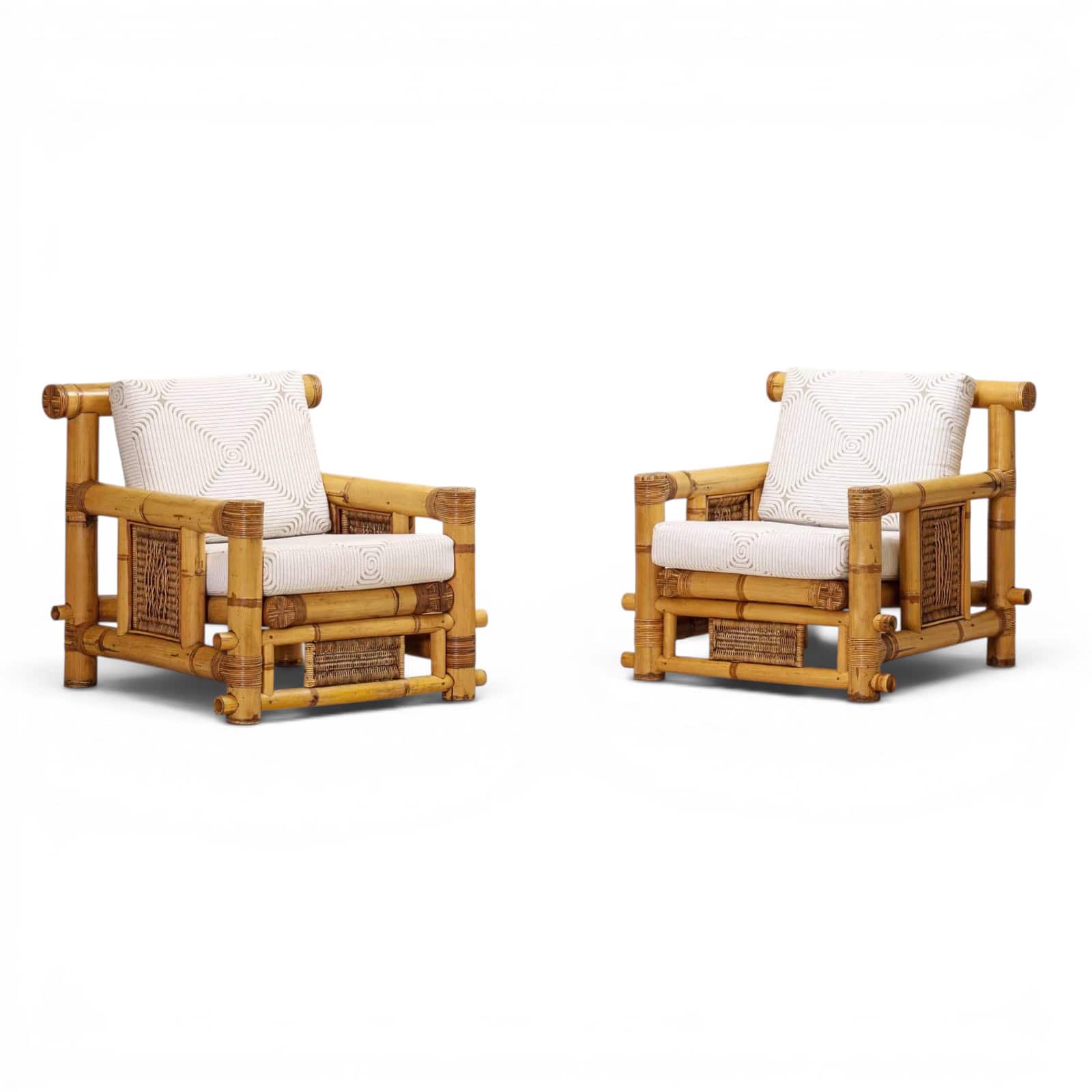 Pair of French Bamboo Armchairs with Pierre Frey Cushions, 1970s- Styylish