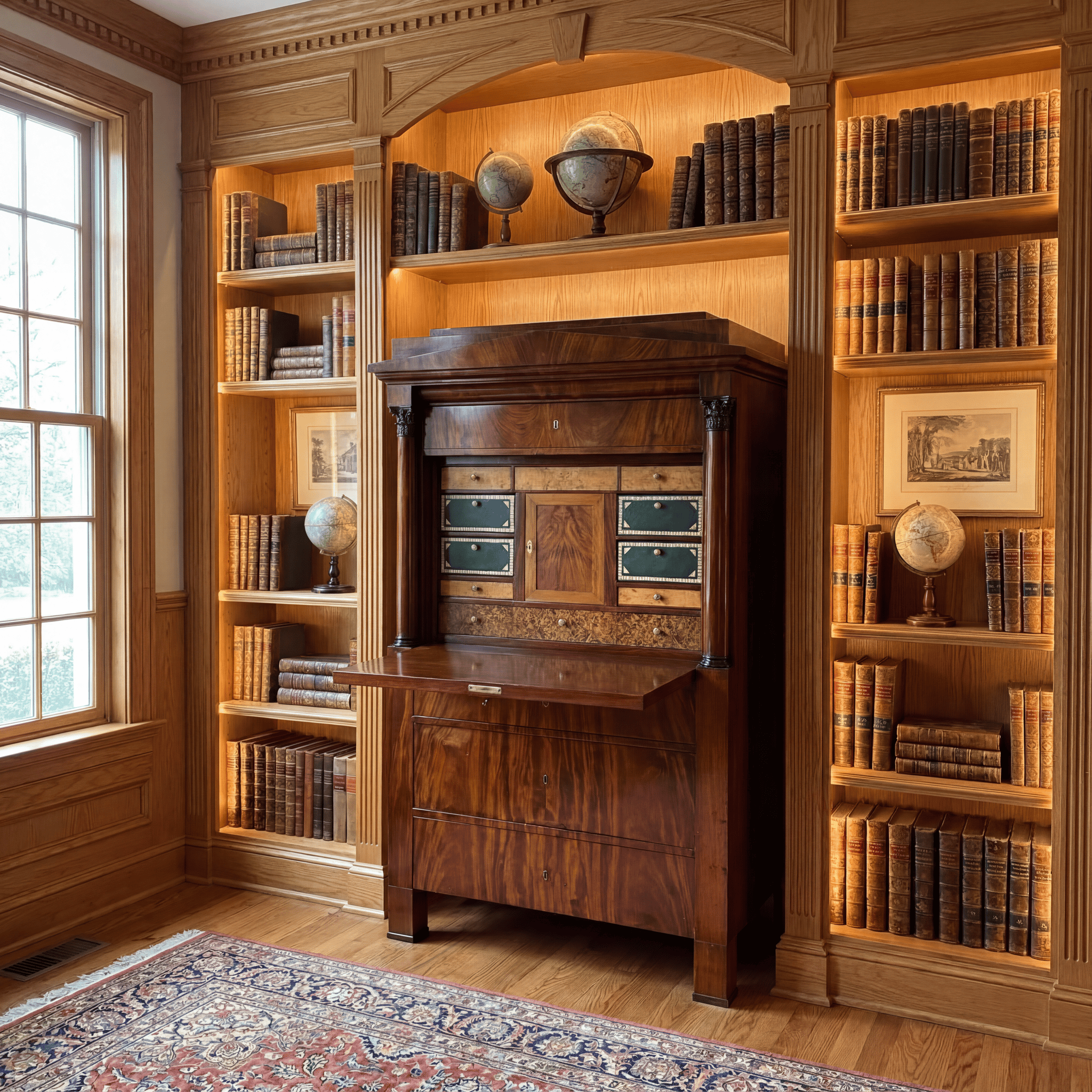 Biedermeier Fall-Front Desk- Mahogany- in Library setting- Styylish