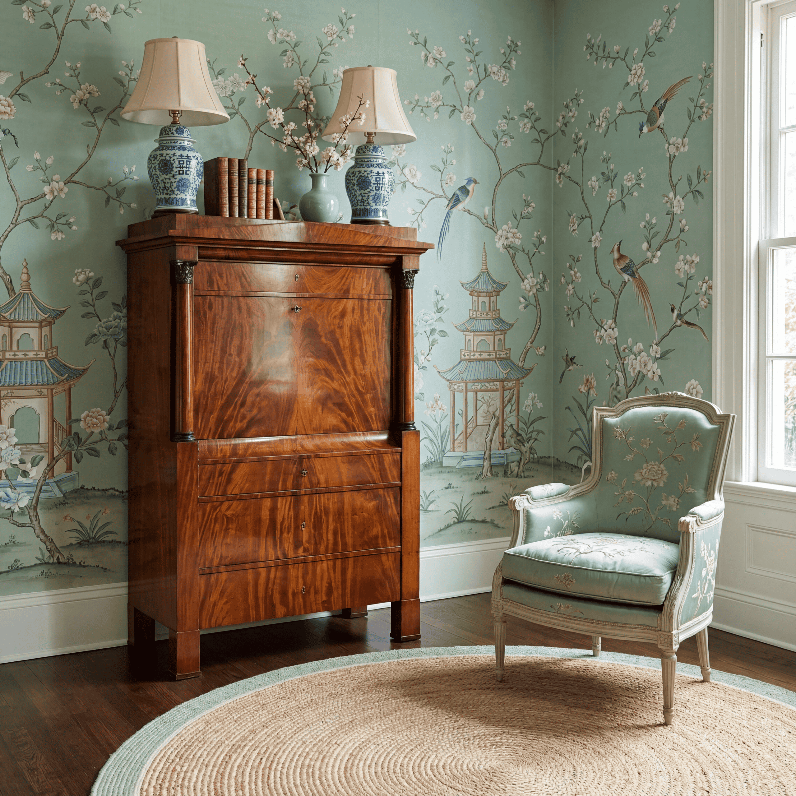 Biedermeier Fall-Front Desk- Mahogany- in Chinoiserie Decor Drawing room- Styylish