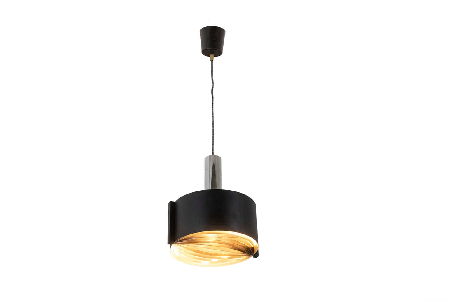 1960s French Black and Chrome Pendant Light - Illuminated - Styylish