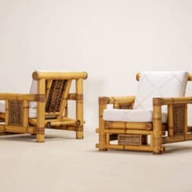 Pair of French Bamboo Armchairs with Pierre Frey Cushions, 1970s
