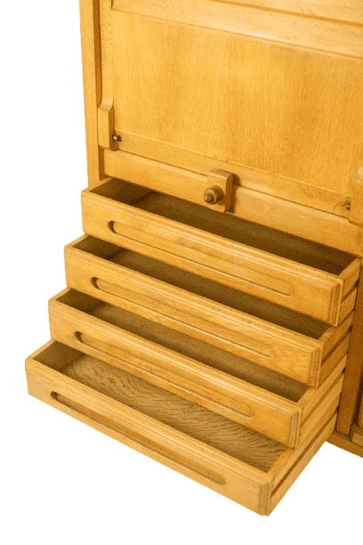 Guillerme and Chambron. Oak wardrobe with built-in writing desk. 1970s–80s - Image 18