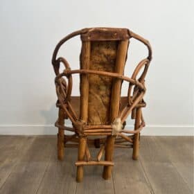 Italian Modernist Rattan and Cowhide Armchair, Italian Work,1960s-70s