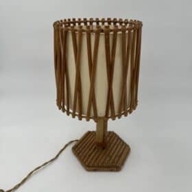 Rattan Table Lamp with Criss-Cross Shade, Attributed to Louis Sognot, 1950s.