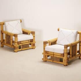 Pair of French Bamboo Armchairs with Pierre Frey Cushions, 1970s