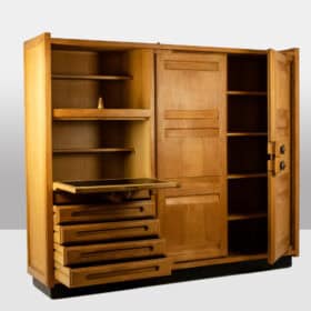 Guillerme and Chambron. Oak wardrobe with built-in writing desk. 1970s–80s