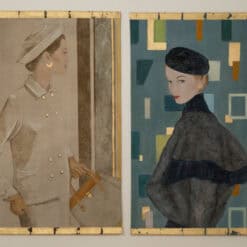 Contemporary French Hand-Painted 1950s Woman Canvas - Diptych View - Styylish
