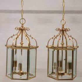 Pair of Italian Hexagonal Brass Lanterns, 1990s