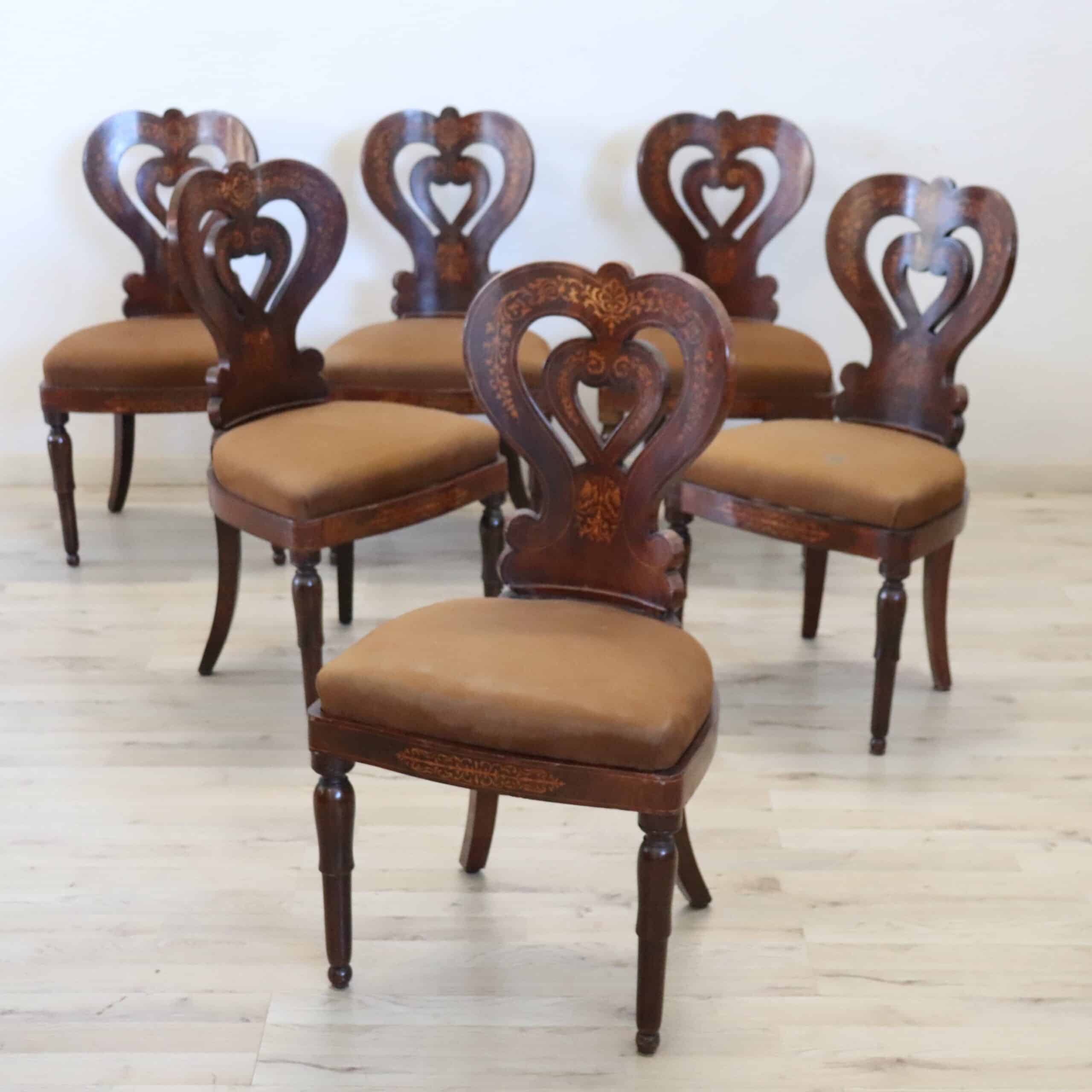 19th Century Italian Charles X Inlaid Walnut Set of Six Antique Elegant Chairs - Image 2