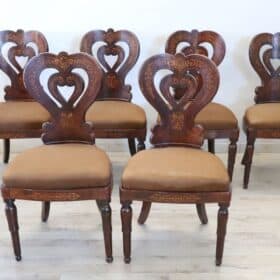 19th Century Italian Charles X Inlaid Walnut Set of Six Antique Elegant Chairs