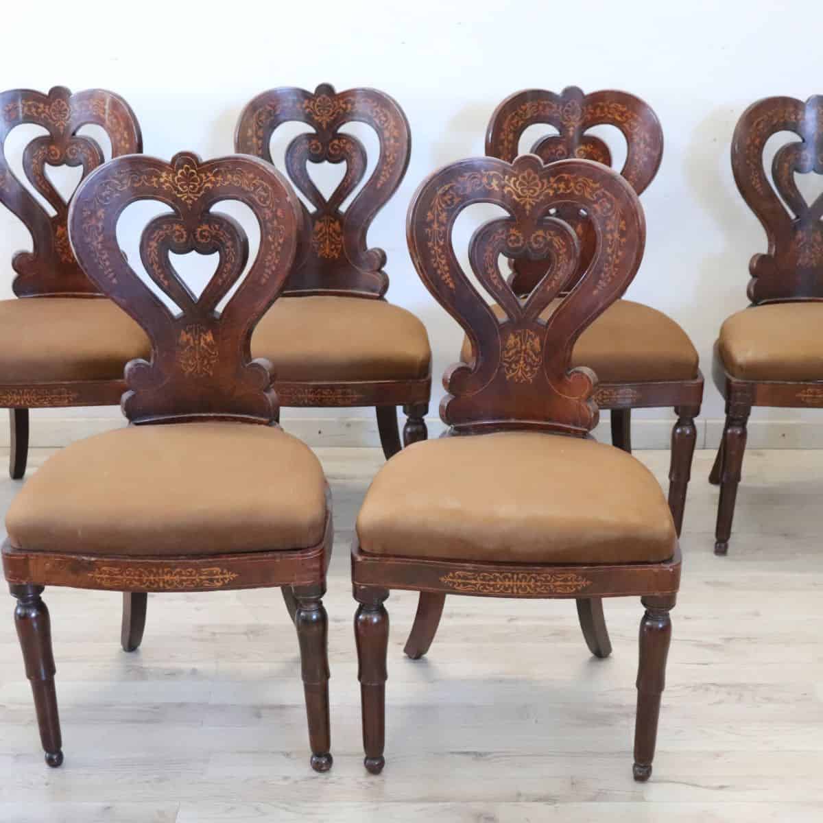 19th Century Italian Charles X Inlaid Walnut Set of Six Antique Elegant Chairs - Image 3