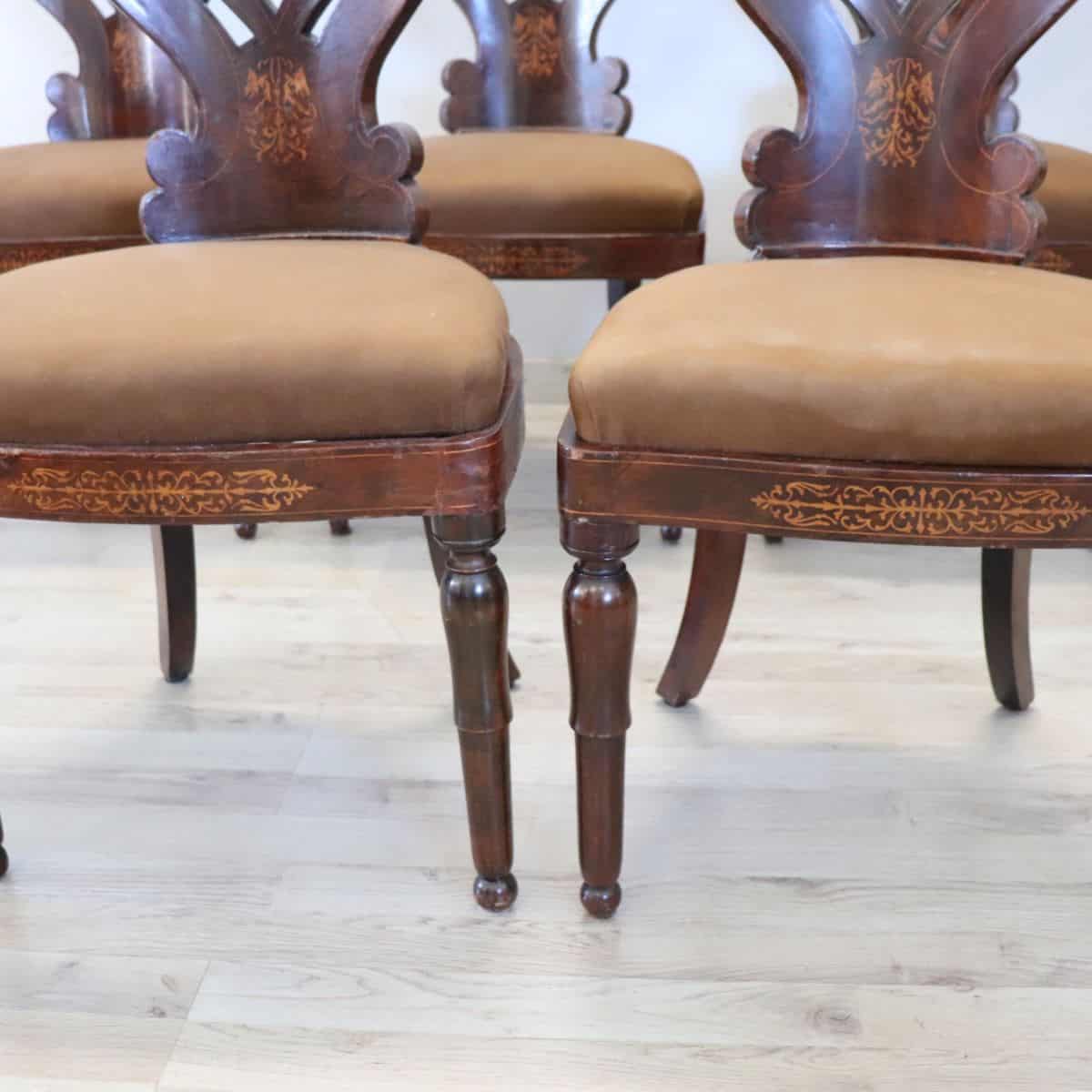 19th Century Italian Charles X Inlaid Walnut Set of Six Antique Elegant Chairs - Image 4