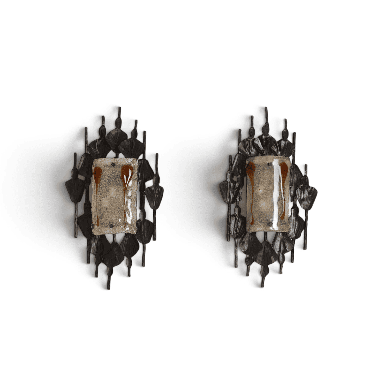 Mazzega Brutalist Cast Glass and Wrought Iron Wall Sconces - Styylish