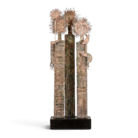 Lawrence Signed Double-Sided Carved Wood Sculpture
