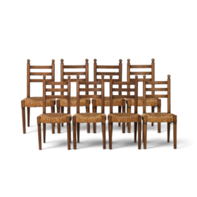Set of 8 Vintage Oak and Straw-Seated Chairs