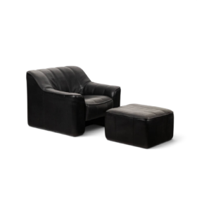 De Sede Black Leather Armchair and Ottoman
