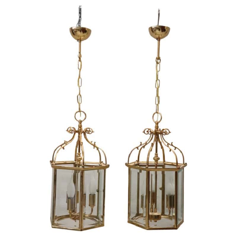 Pair of Italian Hexagonal Brass Lanterns, 1990s- Styylish