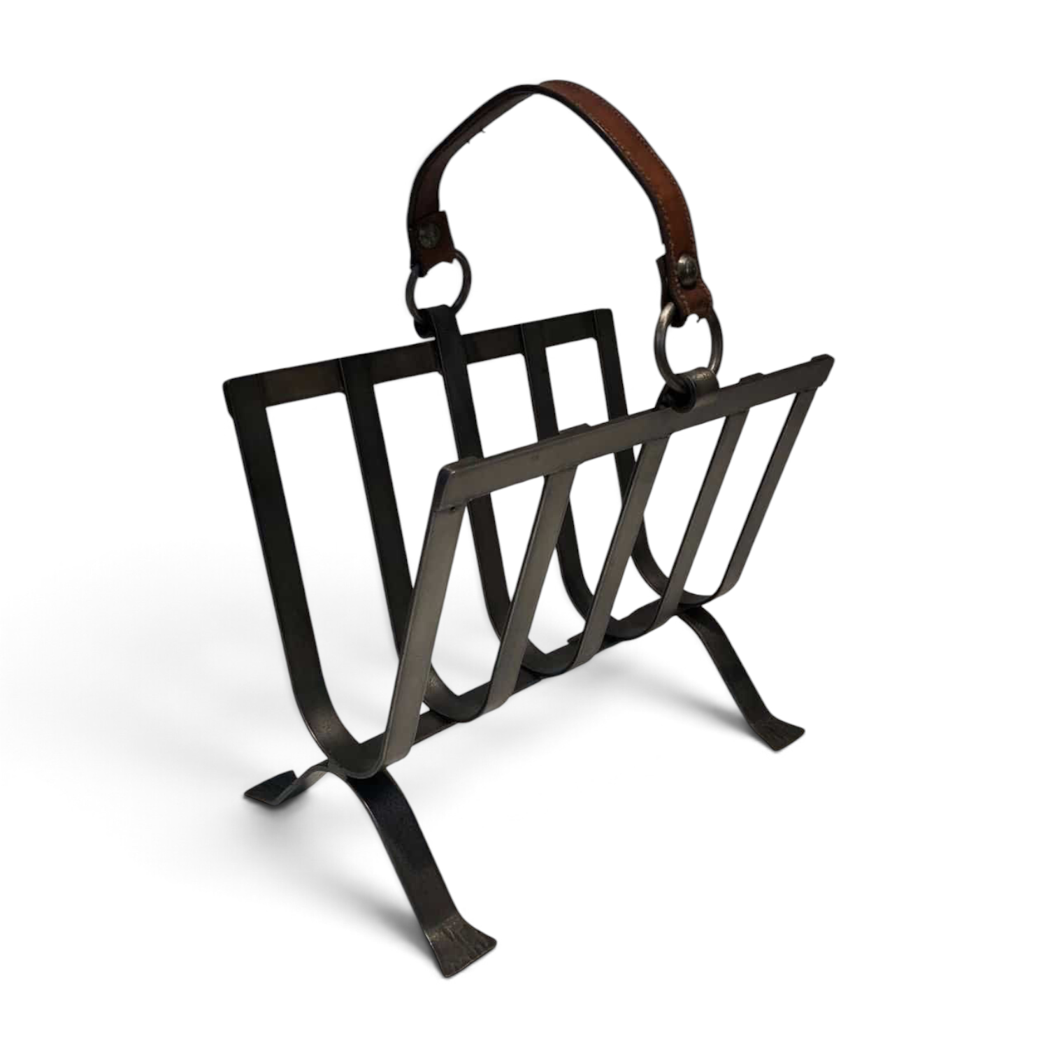 Jacques Adnet Style Leather and Steel Magazine Rack - Styylish