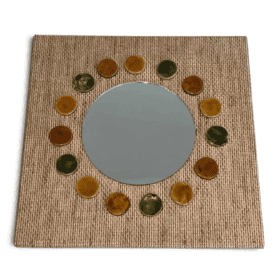 French Mid-Century Raffia and Ceramic Roundel Mirror