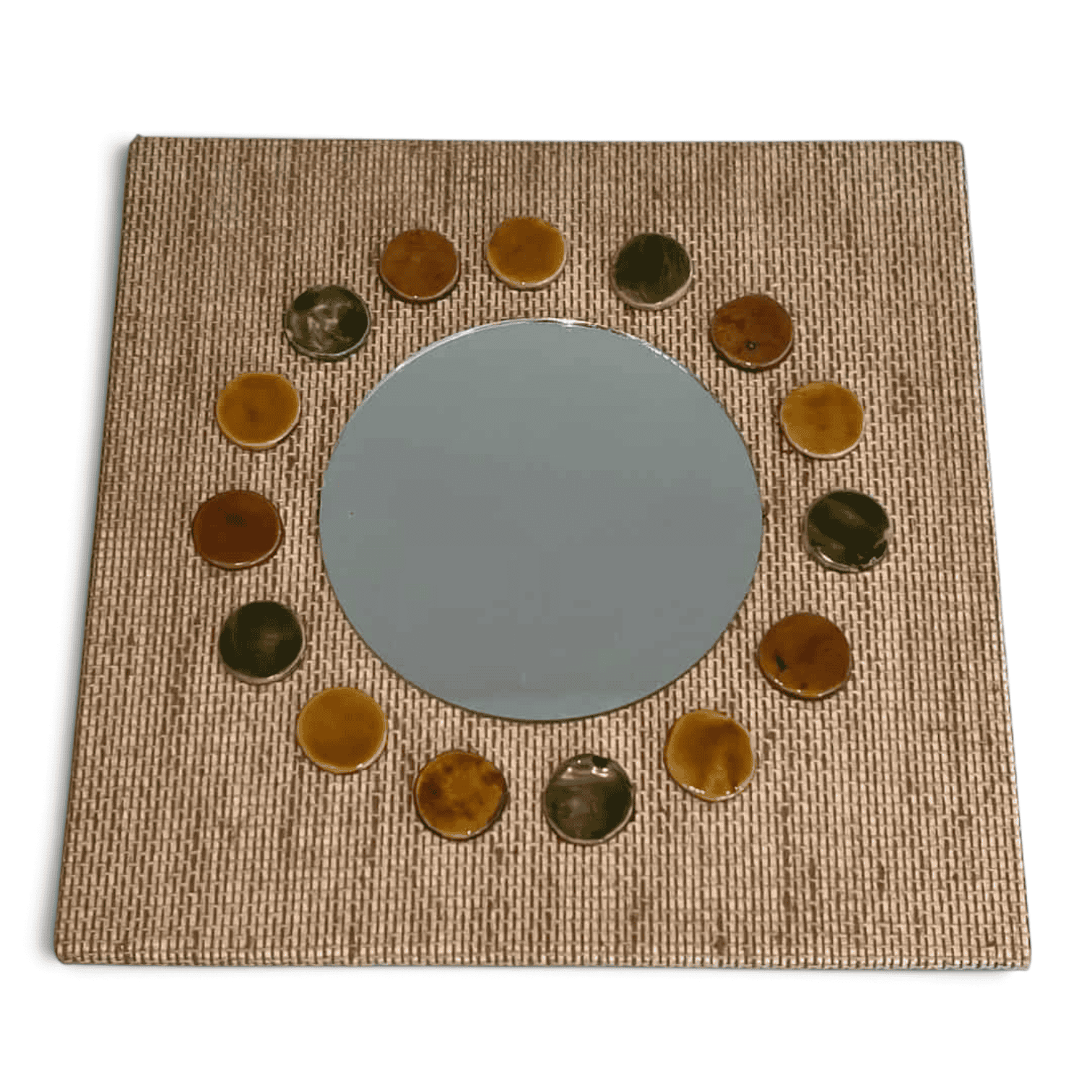 French Mid-Century Raffia and Ceramic Roundel Mirror - Styylish