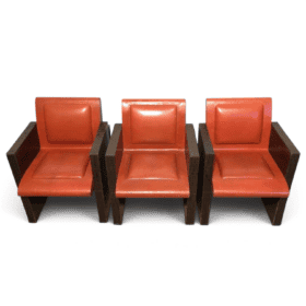 Set of Three French 1970s Brown and Orange Leather Armchairs