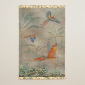 Monumental Hand-Painted Tropical Canvas with Parrots, Contemporary French Artist