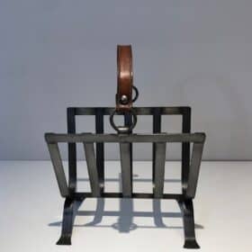 Jacques Adnet Style Leather and Steel Magazine Rack